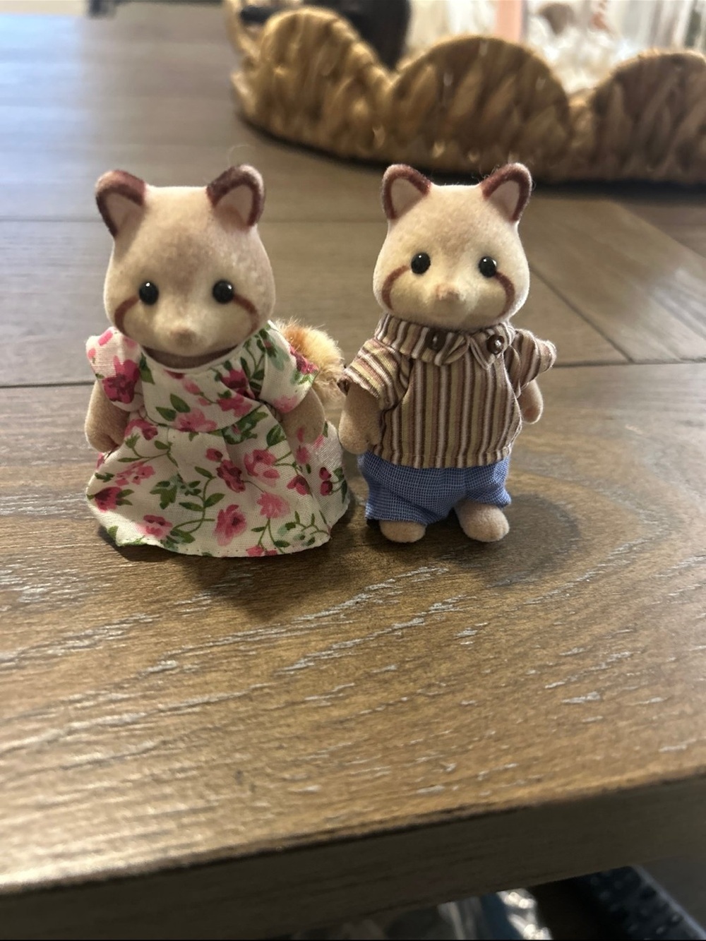 Plush Small Pet Raccoon Pair in Cream with Floral Dress and Tan Outfit